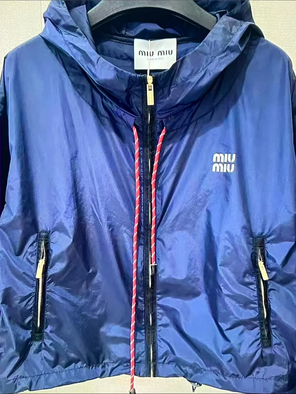Miu Miu Navy Hooded Bomber Jacket with Contrast Drawcord